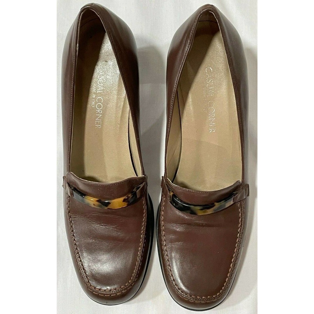 Casual Corner Brown Leather Heeled Loafers with Tortoiseshell Trim